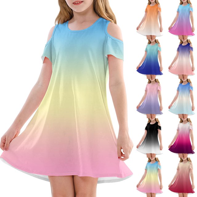 Teen Girls Dresses Gradient Cold Shoulder Dress Soft Breathable Fabric Perfect for Casual Summer Outings Sizes 4-12 ,Sie:160