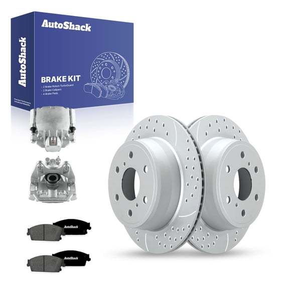 AutoShack Rear Vented Drilled & Slotted Coated Brake Rotors Silver Matte Finish   Premium Ceramic Pads   Calipers 8-PC Brake Kit Replacement for 2007-2013 GMC Sierra 1500 TurboGuard 13.57" (344.8 mm)