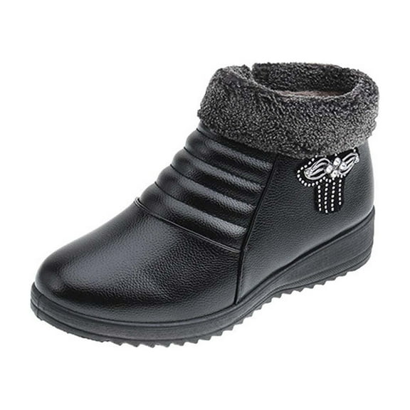 hopeusnice Women's Winter Boots Fuzzy Fleece Lined Warm Ankle Booties Slip On Plush Comfortable Non Slip Wedge Heel Shoes Black 39