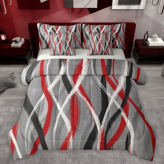 Homewish Modern Geometric Stripe 7-Piece Twin Bedding Sets.Abstract Waves Lines Bedding Comforter Set,Red Gray White Sheet Sets For Boys Kids,Microfiber Bedroom Decor Reversible