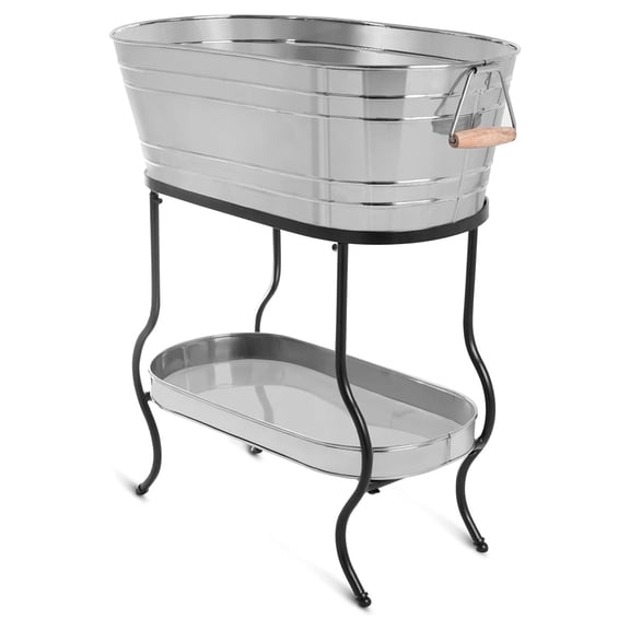 Galvanized Steel Beverage Tub with Stand - Oval - Bottom Tray - Party Drink Holder - Wooden Handles - Outdoor or Indoor Use - Free Standing