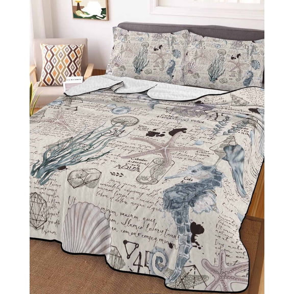 Coastal Beach Full Size Down Alternative Comforter, Lightweight Comforter Quilt Bedding Set with Pillow Shams Nautical Summer Starfish Coral Vintage All Seasons Bed Comforter Duvet Insert 78"x90"