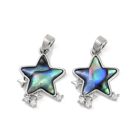 20 pc Natural Paua Shell Star Pendants Brass Micro Pave Clear Cubic Zirconia Star Charms Platinum 17.5x14x3mm Hole: 3x5mm Paua Shell