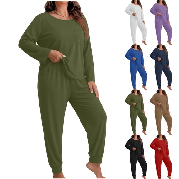 JUSLIO Pajamas Sets for Women Fashion Casual Comfortable Plus Size Wear Long Sleeve Sleepwear and Pants 2 Piece Pjs Sets