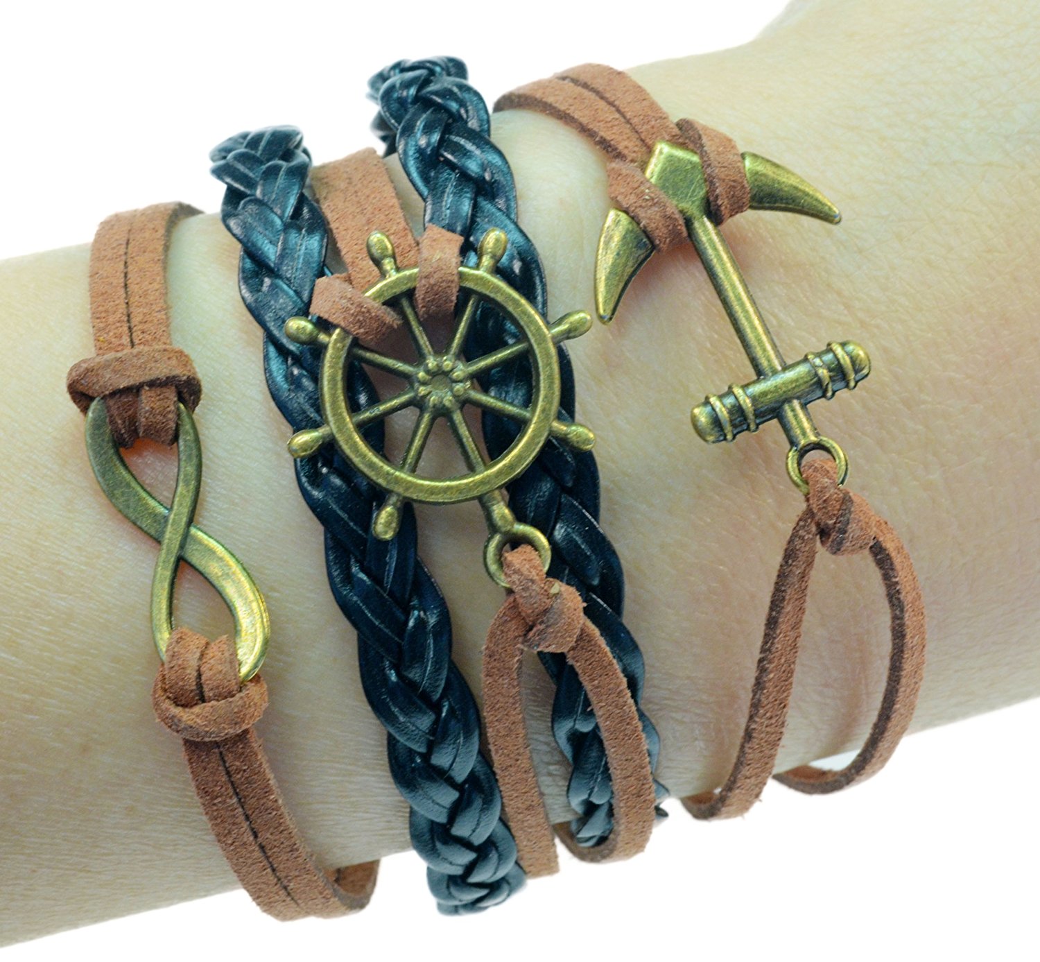 Fashion Jewelry vintage bronze ship wheel anchor infinity charms black brown braided leather rope bracelet