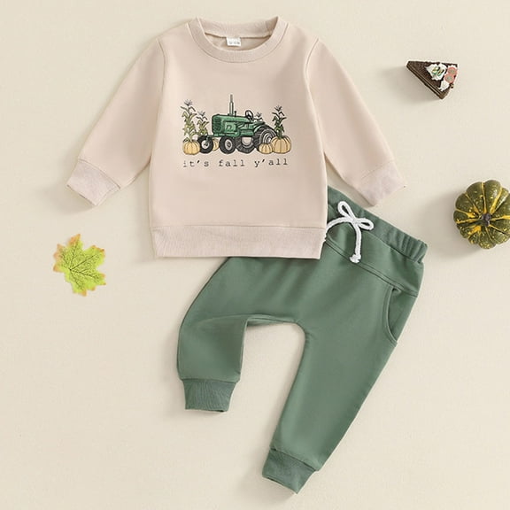 Gerichy Toddler Kids Boy Shorts Clothing Set 0 6 12 18 24 Months 2T 3T Baby Toddler Boys Fall Clothing Set Letter Tractor Print Long Sleeve Round Neck Tops Drawstring Pocket Long Pants 2Piece Outfits