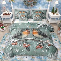 Homewish Kawaii Rustic Bird Bedding Comforter Set 7 Pieces for Kids, Winter Christmas Snowflake Full Bedding Set, Vintage Cartoon Theme Reversible Fitted Sheet Flat Sheet, Breathable Home Decor