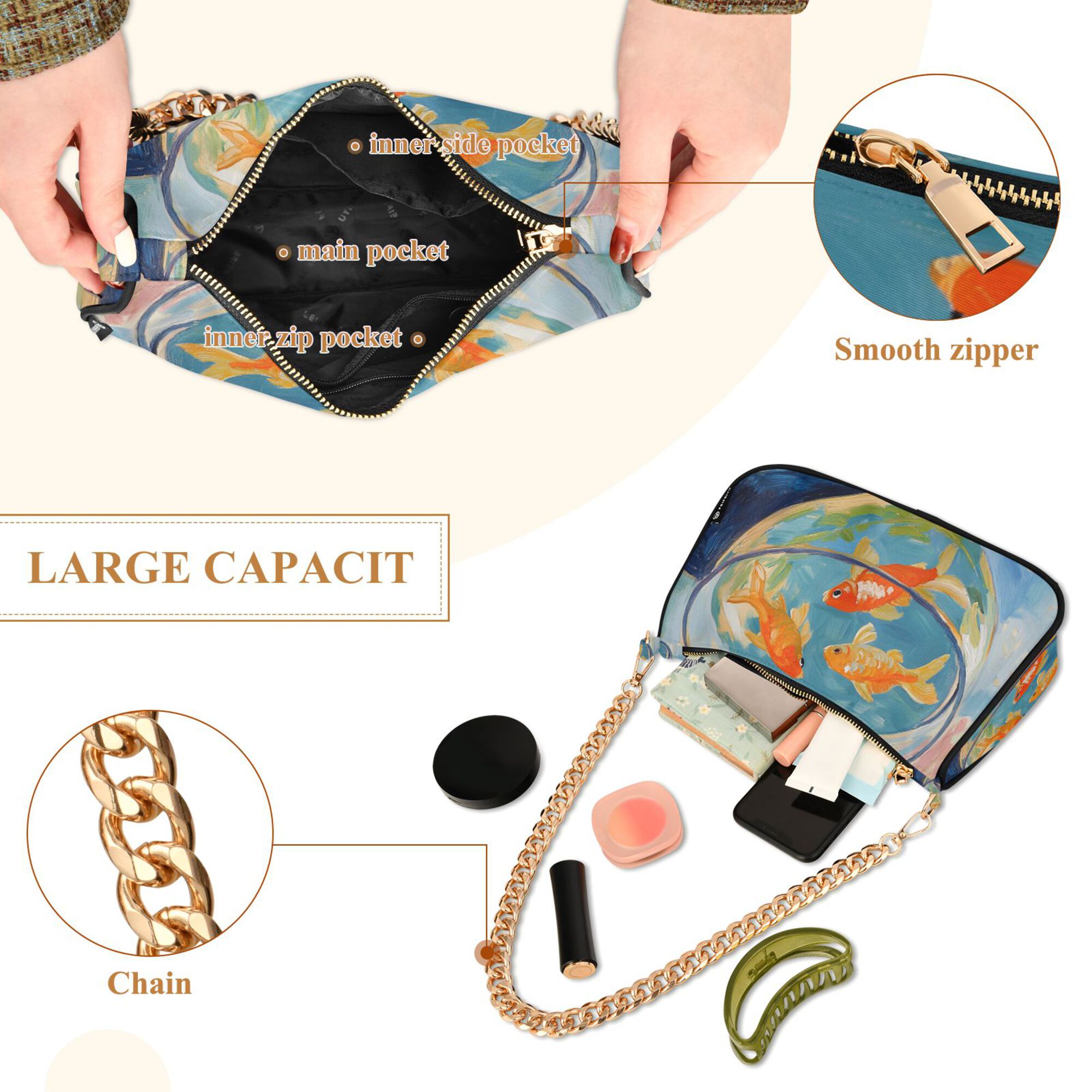 FORMRS Womens Shoulder Bag with Chain Strap Clutch Purse Cute Tote Handbag, Art Goldfish