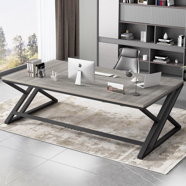 Modern Office Desk Large Long Wood Metal Computer Desk Industrial Double Executive Desks for Two People Rustic PC Workstation Work Study Writing Computer Table for Home Light Grey Oak