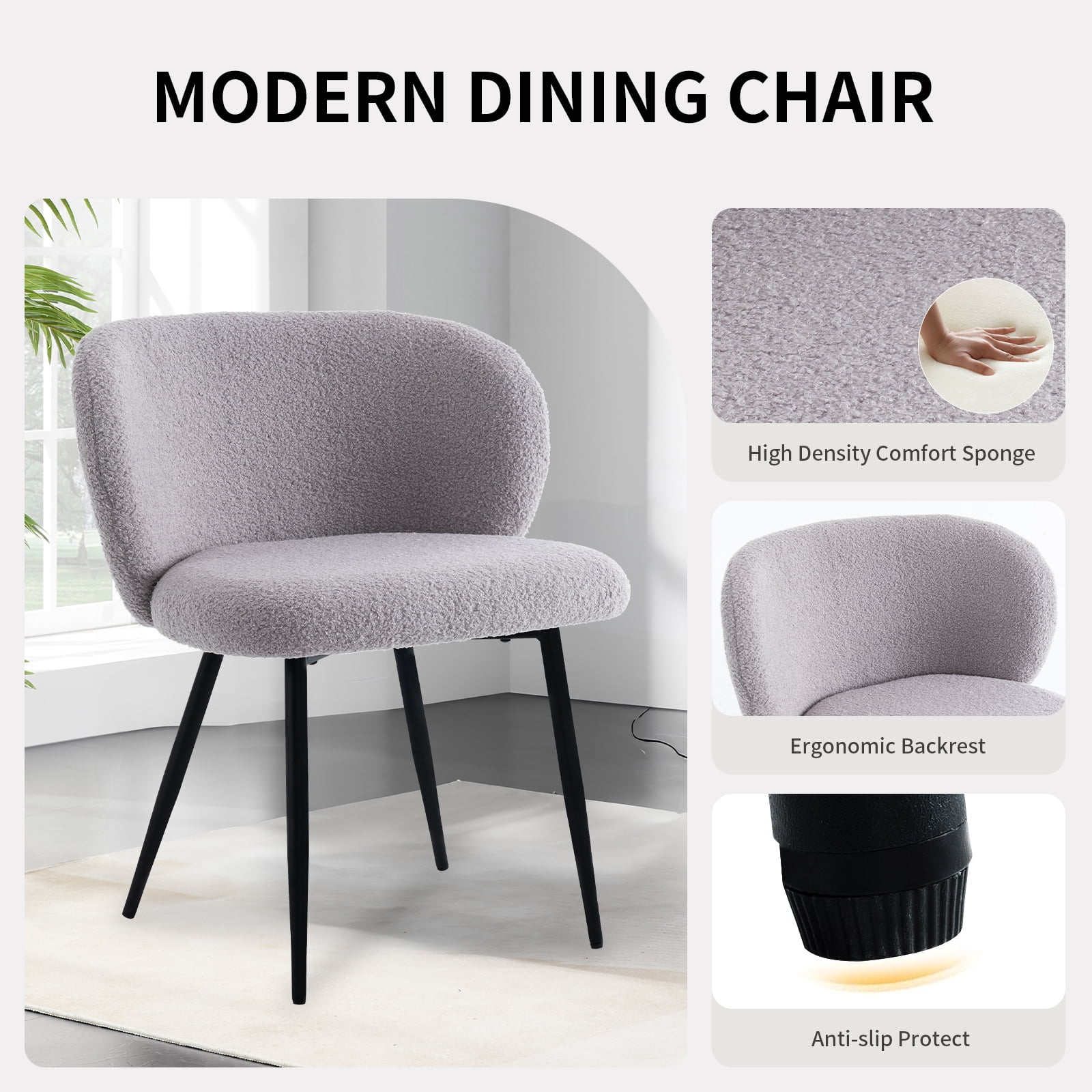 Rongbuk Modern Teddy Dining Chairs Set of 2, Comfy Kitchen Armless Chairs with Thick Cushions, Wingback Chair, Upholstered Dining Room Chairs with Metal Legs for Dining Room, Living Room, Grey