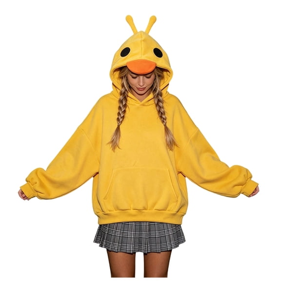 RFQWOVSR Women Cute Duck Cartoon Hooded Sweatshirt Puff Sleeve Fleece Pullover