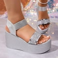 thumbnail image 5 of Rokment Women's Sparkly Sequin Platform Sandals for Dressy Comfortable Elastic Ankle Strap Slip on Wedge Chunky Heeled Walking Summer Shoes Bride Wedding Silver Size 9.5, 5 of 9