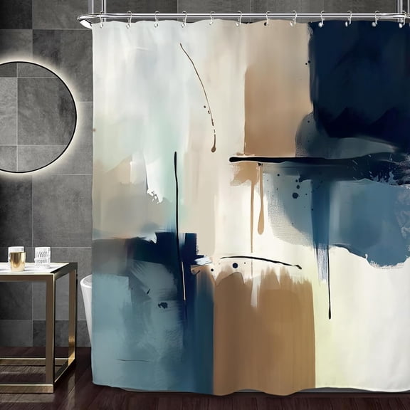 Abstract Navy Blue Tan Modern Shower Curtain Set 60Wx72H Inches Minimalist Neutral Contemporary Art Painting Brushstroke Waterproof Bathroom Curtain with 12 Hooks