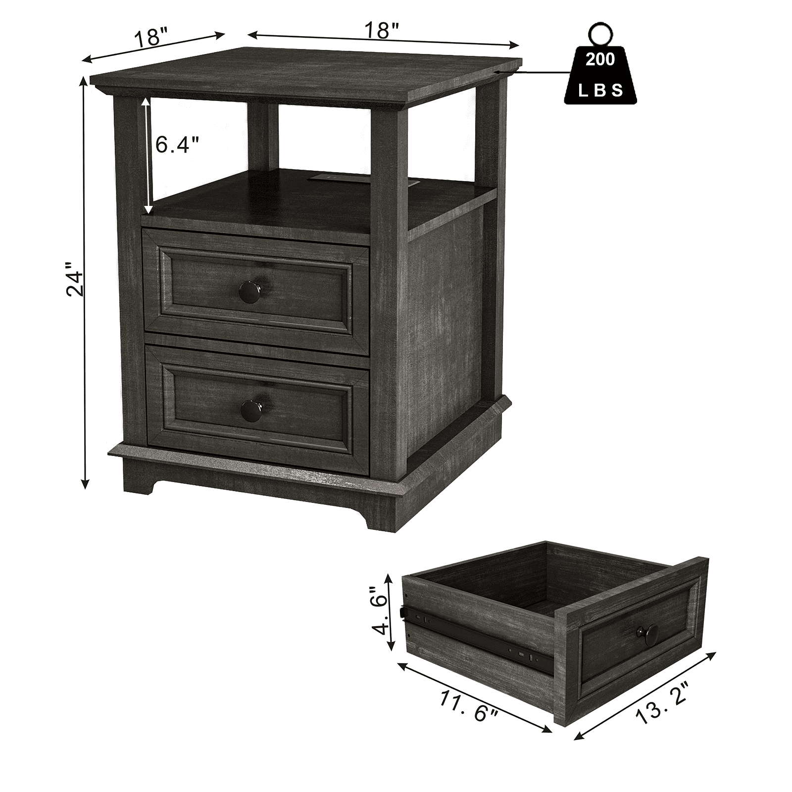 REDAYFUR End Table with Fast USB C Charging Station,24” Tall Sofa Side Table with 2 Drawers, Large Storage Rustic Wood Square Storage Cabinet for Living Room,Bedroom,Office, Black