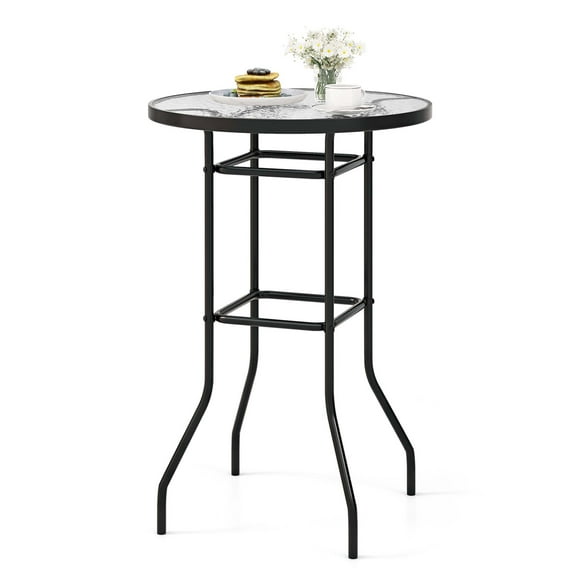 Costway 38'' Patio Round Counter Height Bar Table withTempered Glass Tabletop Poolside