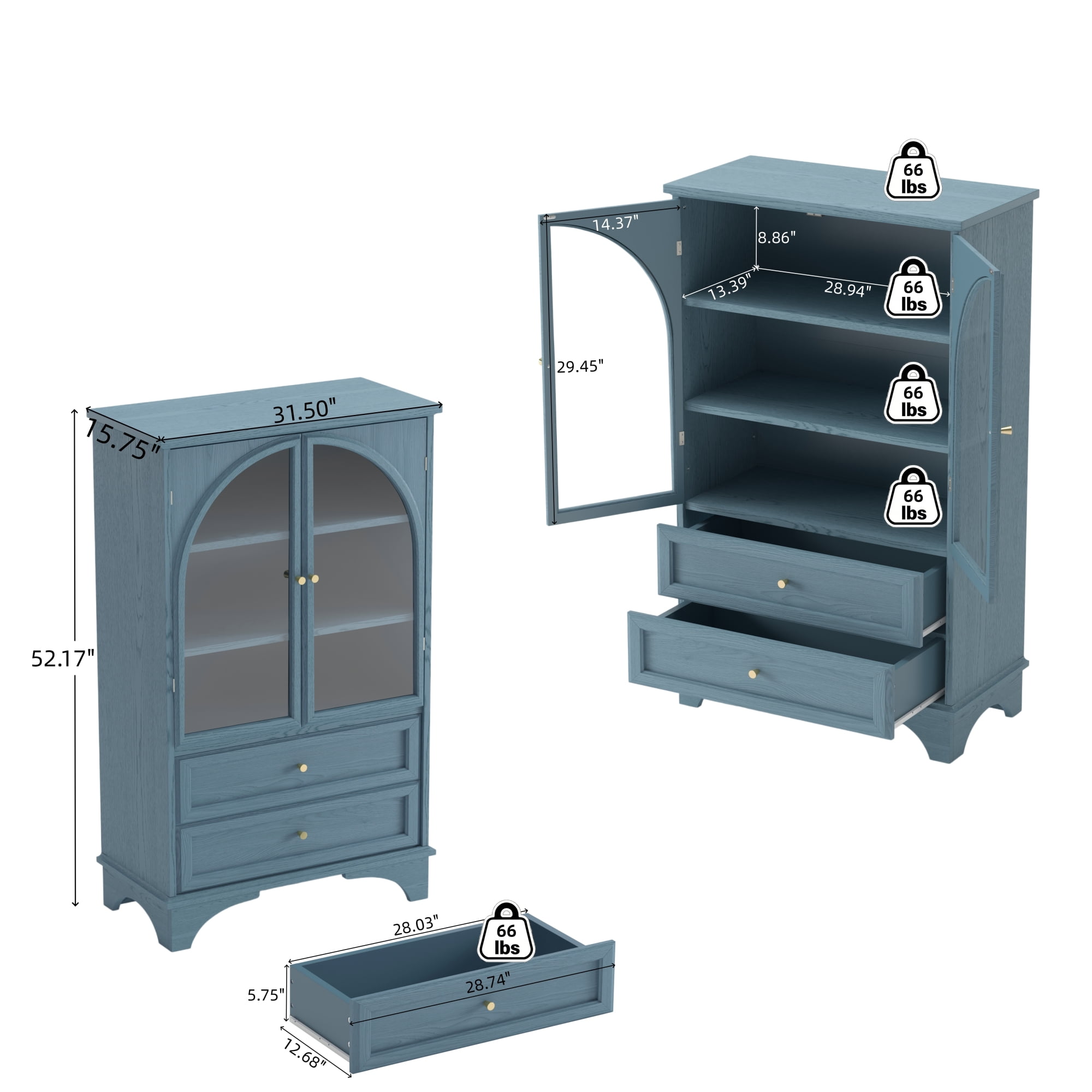 Leumius 52.17"H Glass Door Display Case Storage Cabinet with 2 Drawers and Adjustable Shelf, Spacious Storage Solutions, Curio Cabinet for Living Room, Bedroom, Kitchen and Office Blue