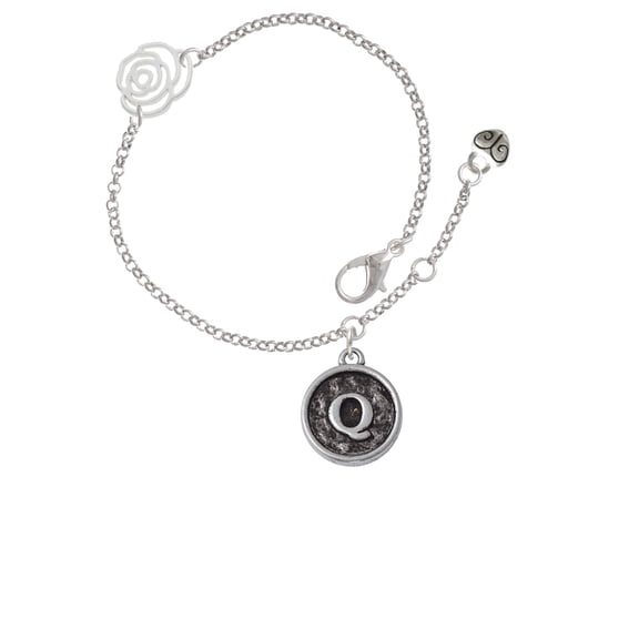 Delight Jewelry Silvertone Antiqued Round Seal - Initial - Q - Silver-tone Rose Link Chain Bracelet, 6.25"+1.75" Extender