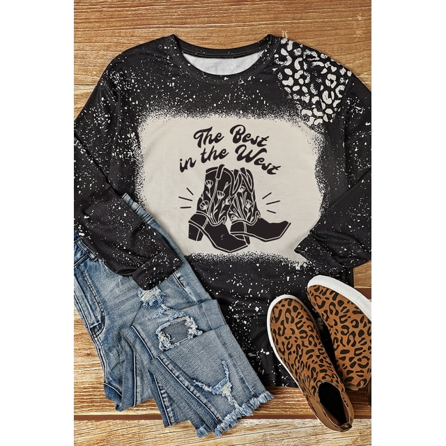 ABPHQTO Top de manga larga con estampado gráfico de leopardo y botas vaqueras negras para mujer
