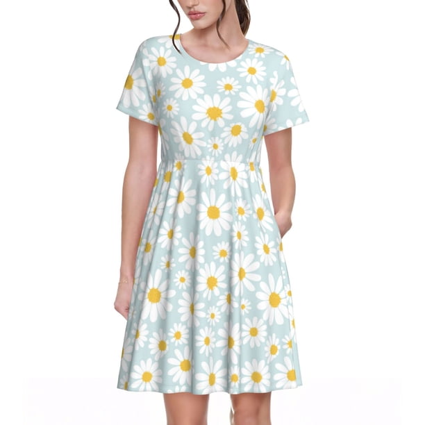 Balery Daisies Flowers Vestidos sueltos de manga corta para mujer, vestidos de verano 2025, vestidos casuales de corte A con vuelo.