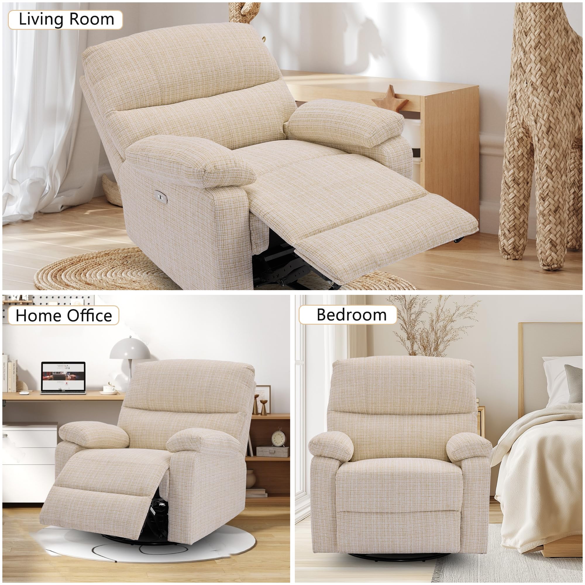Power Recliner Chairs for Adults, Swivel Rocker Recliner Chair, Adjustable Electric Recliner with USB Port, Rocking Chair Nursery, Small Recliner for Living Room, Beige