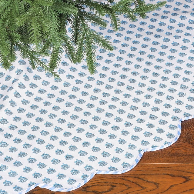 Falda de Árbol de Navidad Mini Inflable de Algodón Floral 48 cm Azul/Blanco