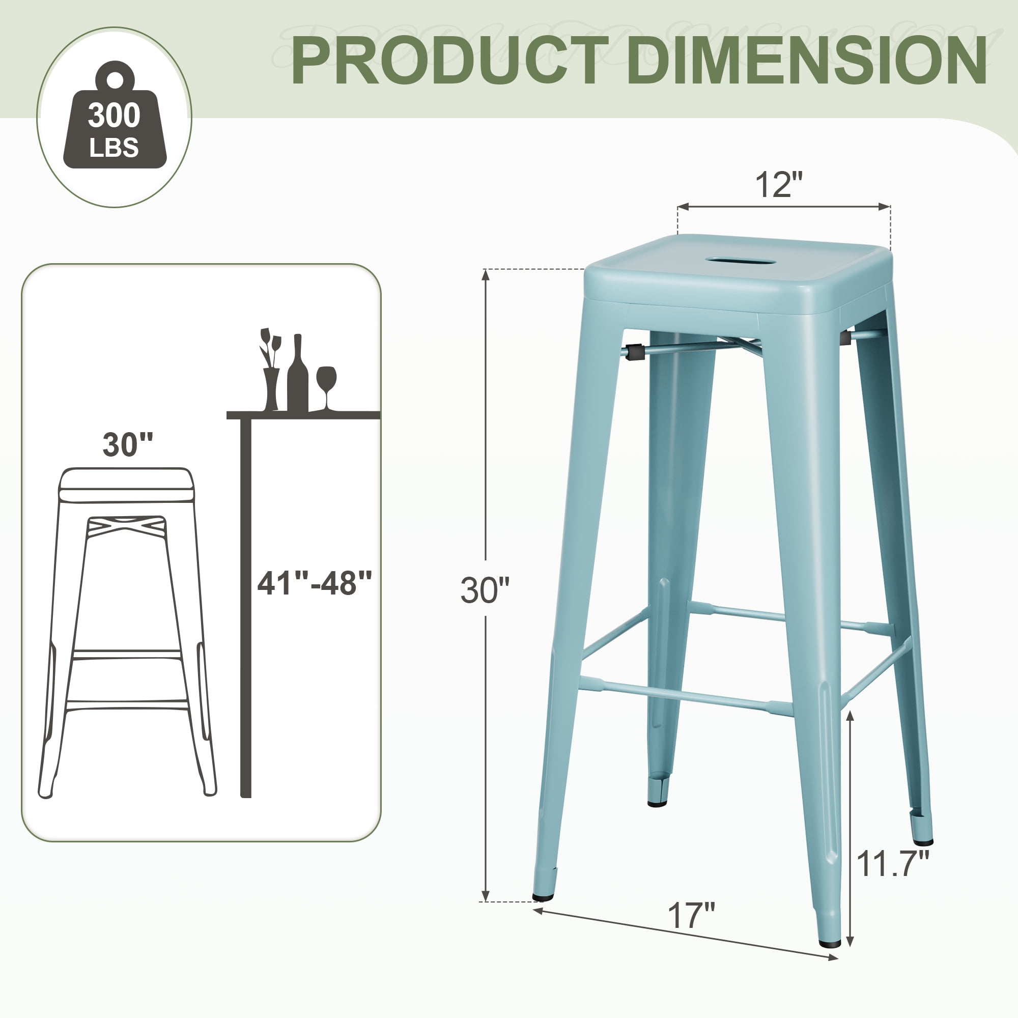 VINEEGO 30 inches Metal Bar Stools High Backless Stackable Stools Indoor-Outdoor Counter Stools Set of 4 (Blue))