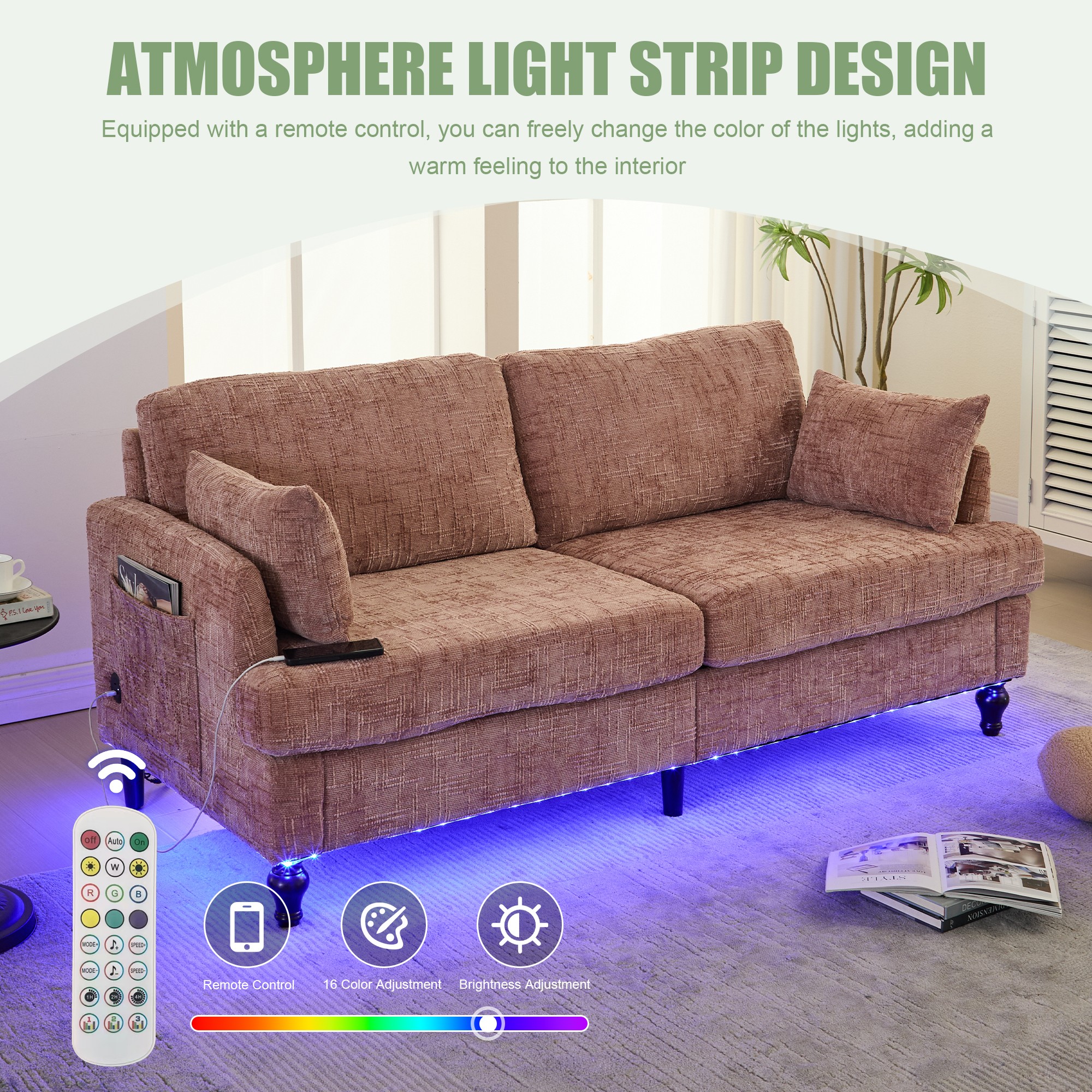 68.9" Sofa Couch,Modern 2 Seater Upholstered Loveseat Sofa Couch with LED light&USB for Living Room,Bedroom,Pink