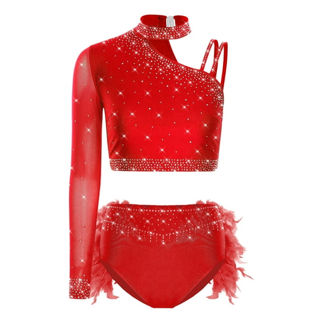 Lejafay Ensemble de Danse Jazz Latin 2 Pcs pour Femmes Haut Court à Manches Longues avec Caleçons Courts à Plumes Rouge P