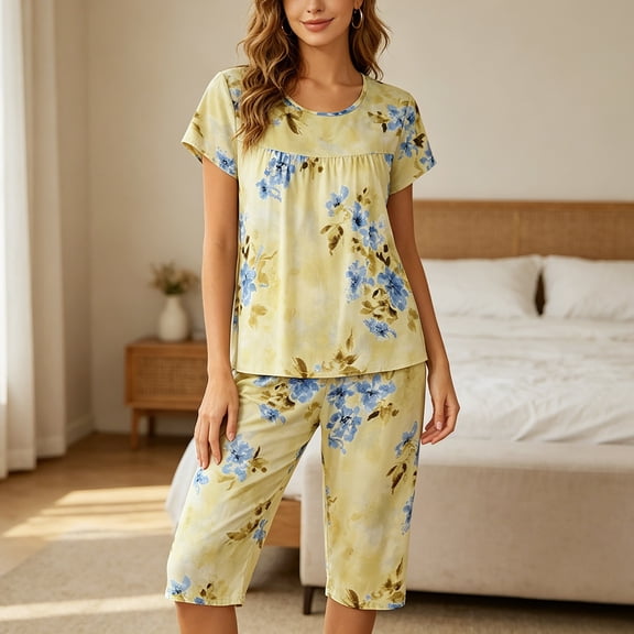 Gunia Womens Capri Pajama Sets Floral Print Pajama Short Sleeve Top And Cropped Pants Summer Soft Comfy Nightwear Outfit Womens Summer Pajamas Sleepwear Pjs L-2Xl