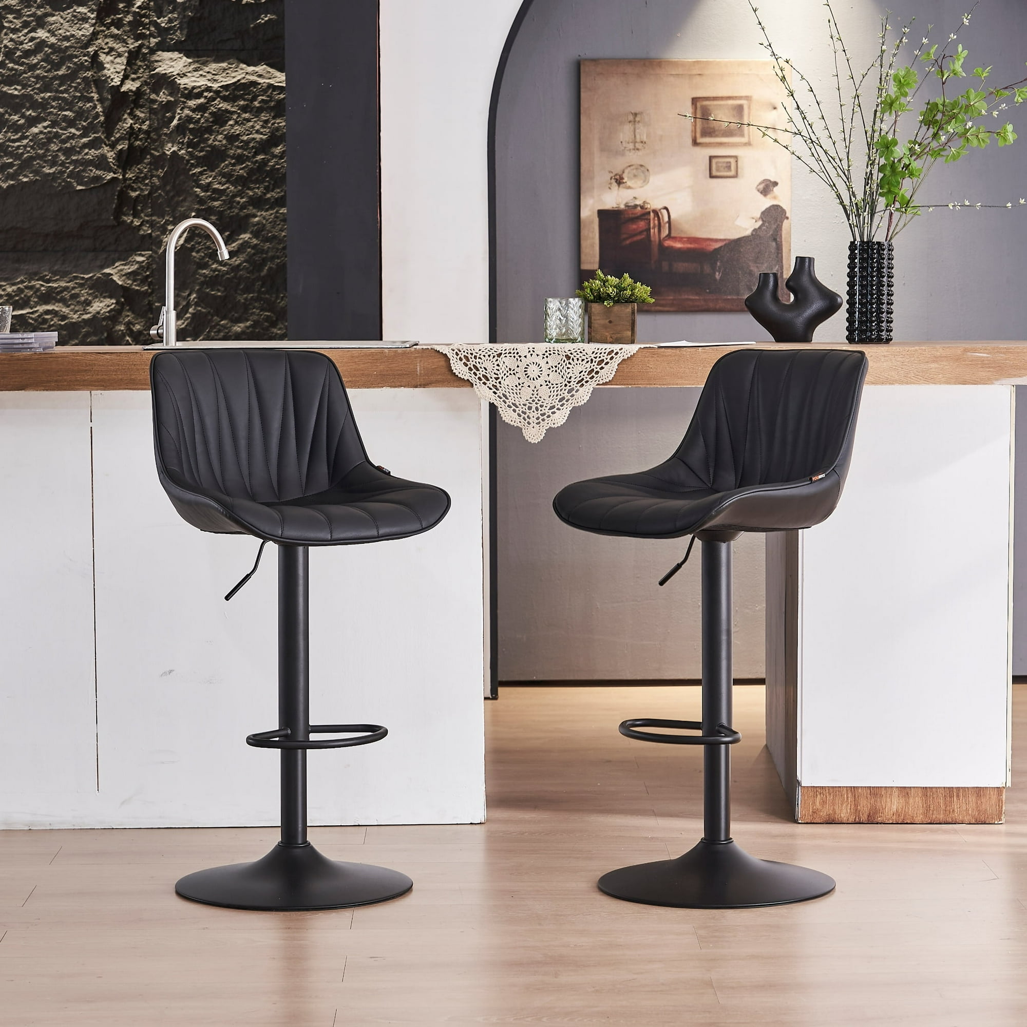 YOUNIKE Bar Stools Set of 2, Swivel Upholstered Barstools, Adjustable Height Counter Stools, Faux Leather Padded Bar Chairs, Metal Frame, Black