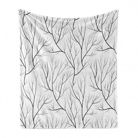 Winter Soft Flannel Fleece Throw Blanket, Winter Tree Without Leaves Nature Theme Delicate Branches Pattern Japanese Style, Cozy Plush for Indoor and Outdoor Use, 70" x 90", White Black, by Ambesonne