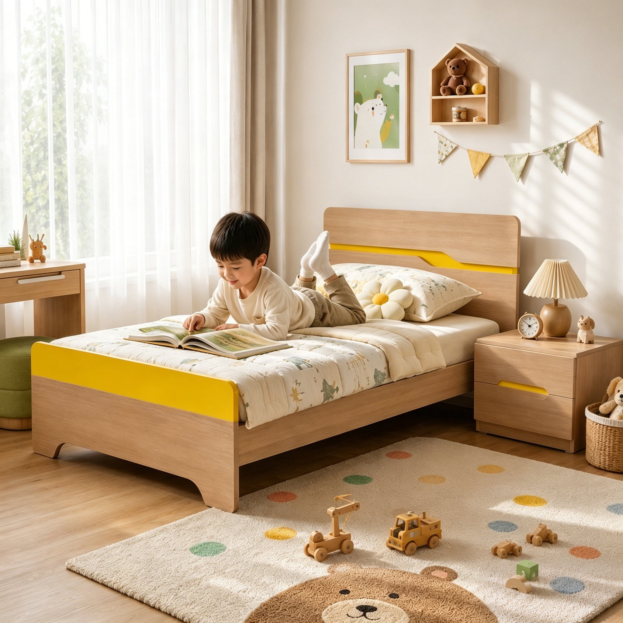 Twin Kids Bed Frame with Slatted Support System, Durable Wood Platform Bed with Thickened Engineered Wood Construction, Modern Bedroom Furniture for Children and Teens
