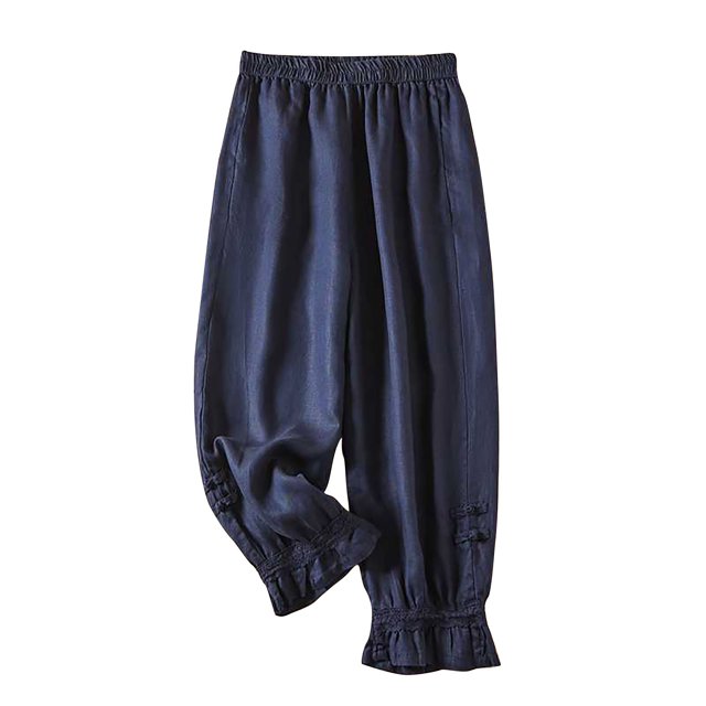 Timegard Cotton Linen Capri Pants for Women Elastic Waisted Ruffle Bottom Casual Crop Pants with Pockets