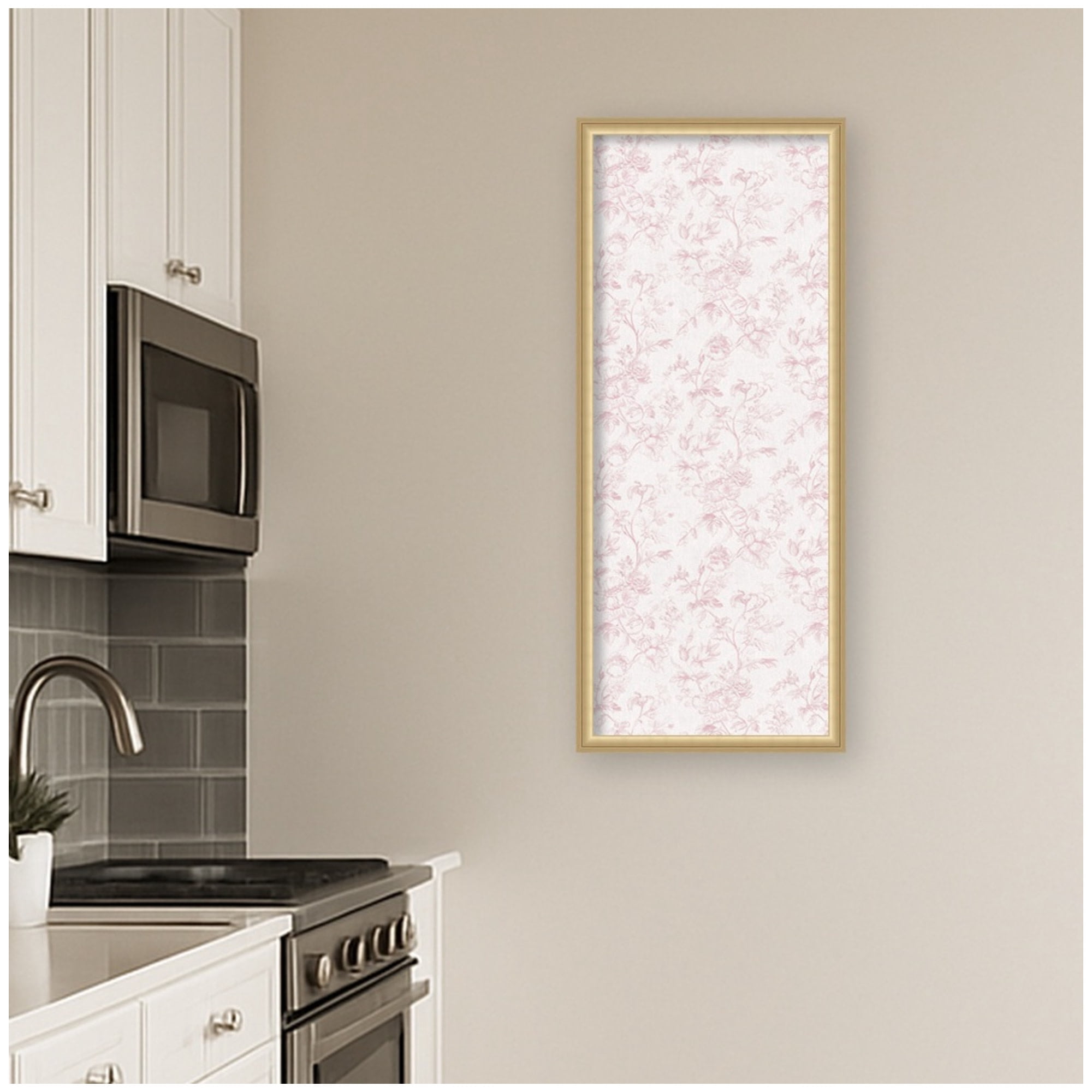 Kate and Laurel Framed Fabric Pinboard 18 x 42, Pink and White Floral Toile Printed Linen Casual Transitional Bulletin Board for Use as a Vision Board or Wall Organization, Florence Gold Frame