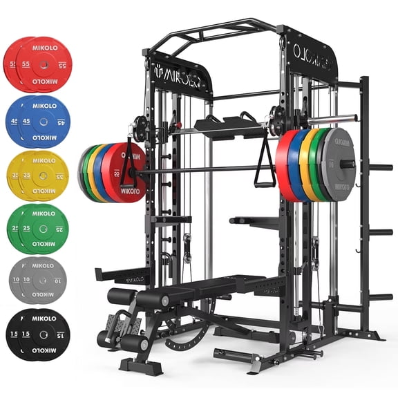 Mikolo Smith Machine, All-in-One Power Rack Cage with Vertical Leg Press, 2000LBS Power Cage Squat Rack with Smith Bar, Dual Pulley Cable Crossover System for Home gym