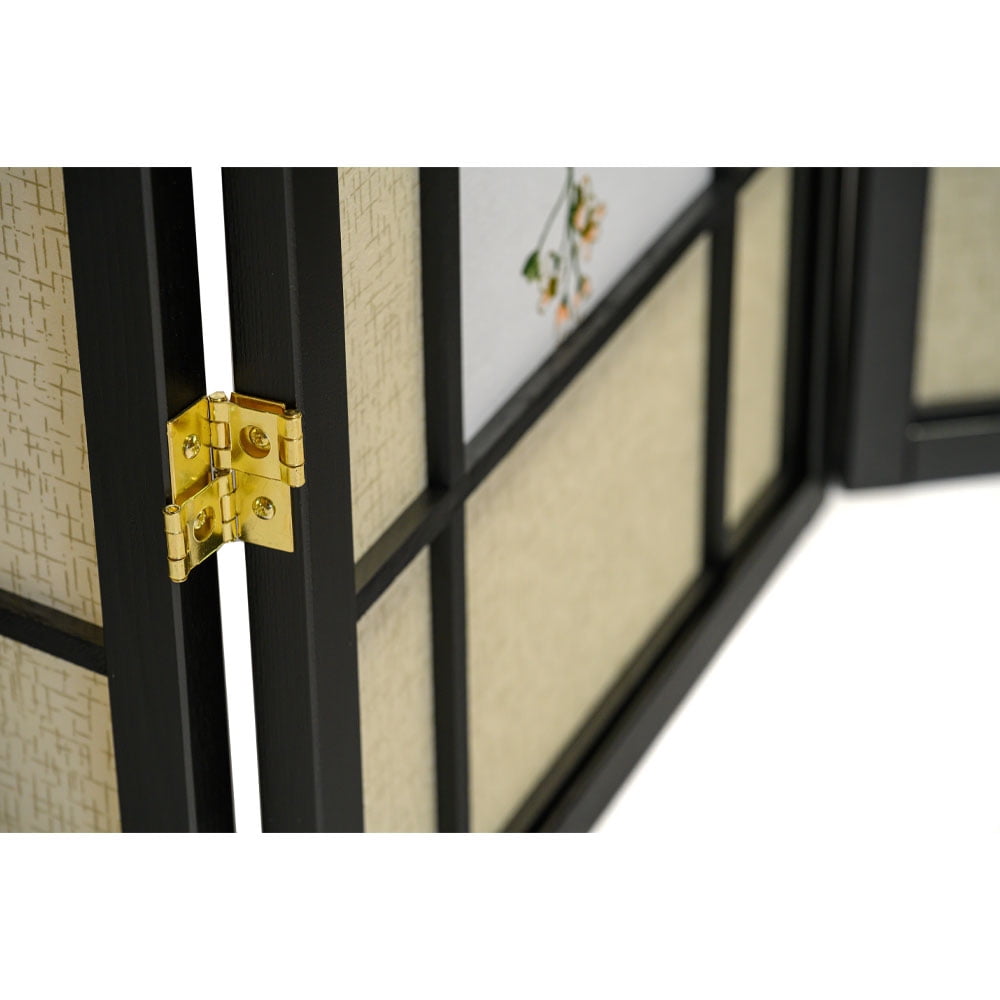 Legacy Decor Floral Accented 4 Panel Room Divider, 71" Tall, Black