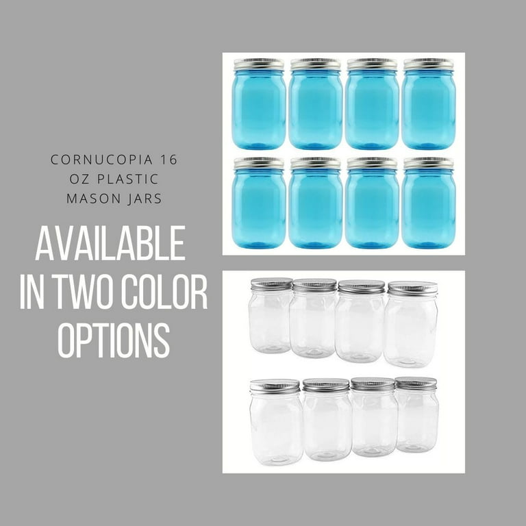 Cornucopia 16-Ounce Clear Plastic Mason Jars (8-Pack, Silver Metal Lids);  PET BPA-Free Mason Jars w/ One Piece Lids, 2-Cup/Pint Capacity 