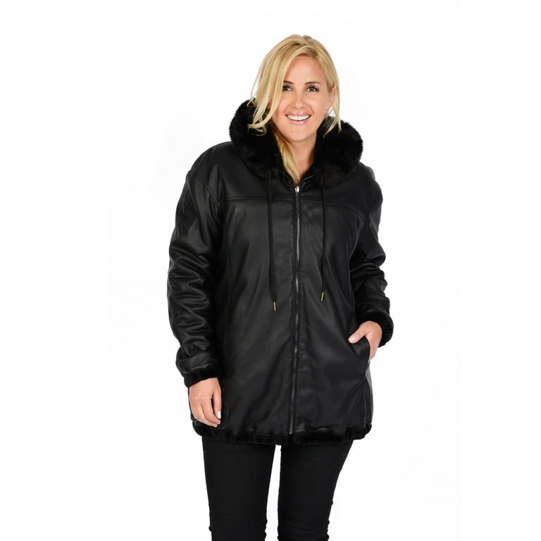 Women s Plus Reversible Faux Fur Faux Leather Jacket Walmart