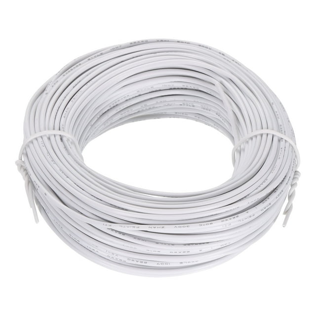 ul1007 22awg calibre trenzado conexión cables, PVC eléctrico alambre estañado cobre alambre 30 m/100 pies blanco para electrodomésticos interno conexión cable Bobina vista frontal de cable blanco UL1007 22 AWG, 30 m (100 ft), aislamiento PVC liso con texto impreso, diámetro exterior ≈1.6 mm, conductor multihilo de cobre estañado visible en extremos, enrollado y sujeto con bridas; suele usarse también para arneses, protoboards y conexiones internas en electrodomésticos y proyectos electrónicos.