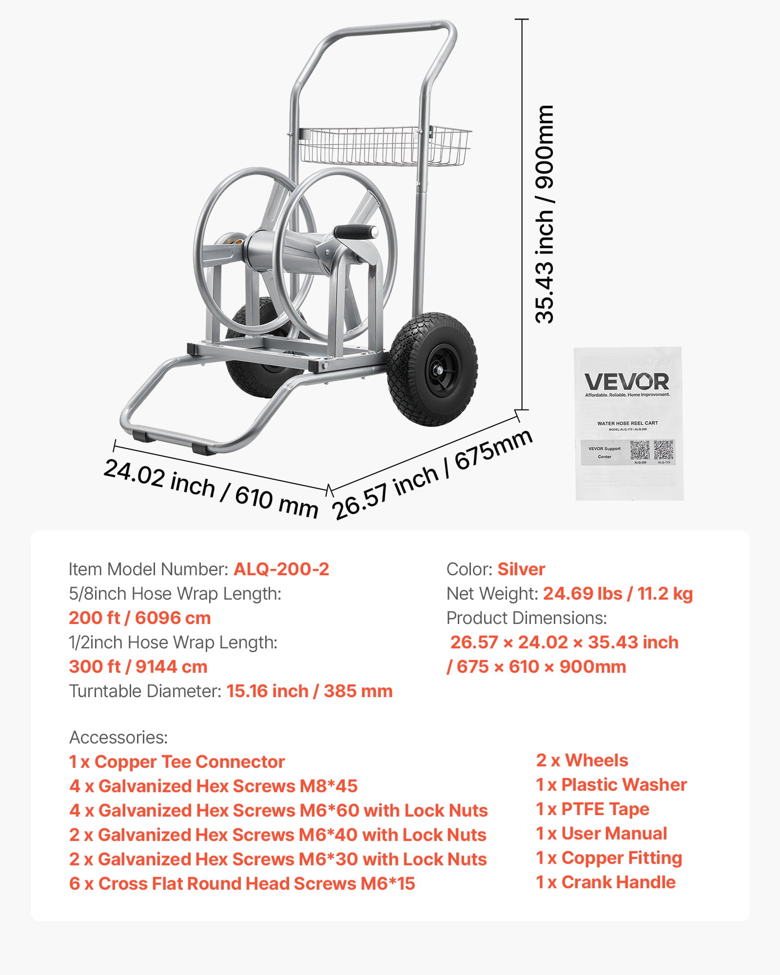 VEVOR Water Hose Reel Cart, 200/300ft High-Pressure Garden Hose Cart, Hoses Reel Carts with Two Wheels, Handle & Heavy-Duty Mesh Storage Basket, Dual-Purpose Portable Hoses Reels for Garden, Car, Pet