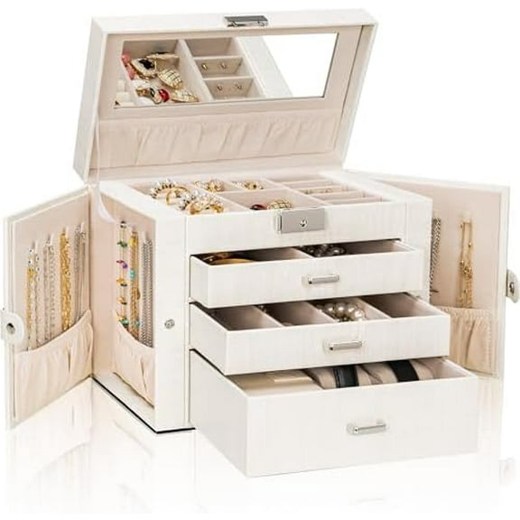 4-Tier Jewelry Box Lockable Leather Jewelry Storage Case Organizer with 3 Drawers for Women Girls Ring Necklace Earring Bracelet Watches Holder with Mirror