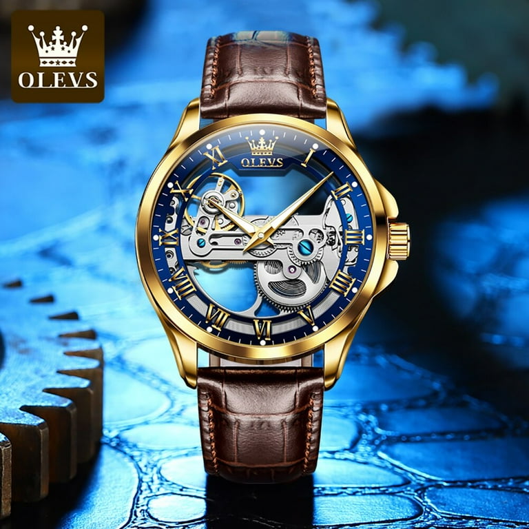 OLEVS Luxury Brand Men Watches Automatic Mechanical Wristwatch Skeleton Design Waterproof Leather Strap Male Watch Reloj Hombre