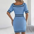 thumbnail image 4 of ZQUUVOU Women's Knit Sweater Dress Short Sleeve Square Neck Button Front Contrast Trim Fitted Bodycon Mini Dress Light Blue, 4 of 6