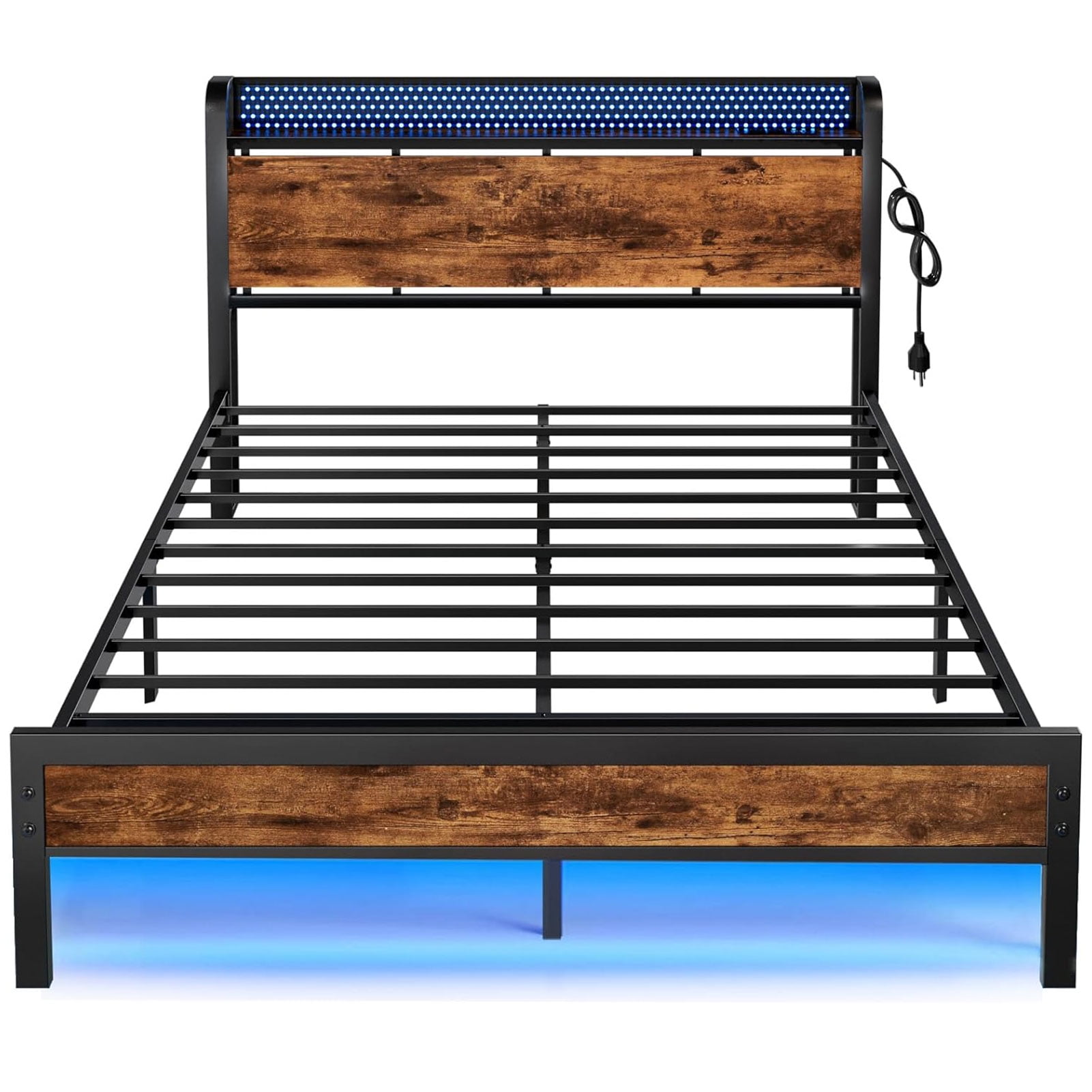 Furnulem Queen Bed Frame with LED Lights, Storage Headboard with Charging Station & USB Port, Metal Mesh Platform Bed Frame with 1000lbs Support, Noise Free