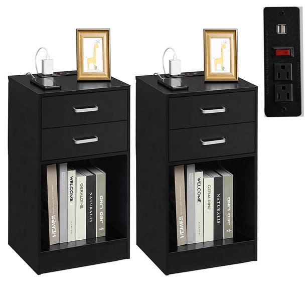 Set of 2 Black Nightstand with Charging Station,Wood Night Stands End