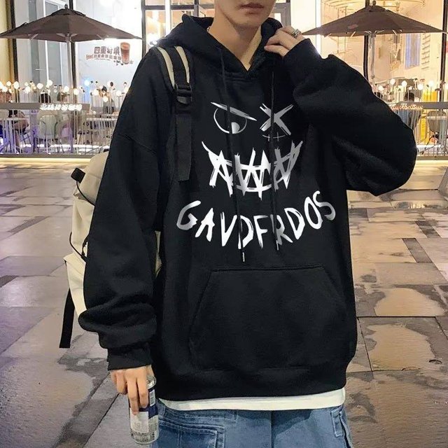 M-3TG Style Coréen Unisexe Sweat à Capuche Oversize Imprimé Sourire Diable Hommes Mode Manches Longues Grande Taille Hiver Pull Noir Gris