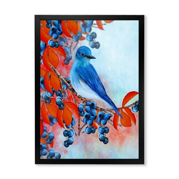 Designart 'Bright Bird Bullfinch Sitting On A Branch of Berries III' Traditional Framed Art Print