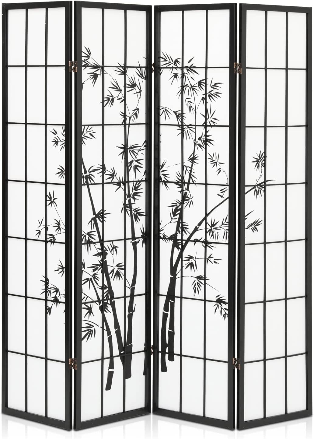 MoNiBloom Black Japanese 4Panel Screen Room Divider 5.7ft Plum Blossom