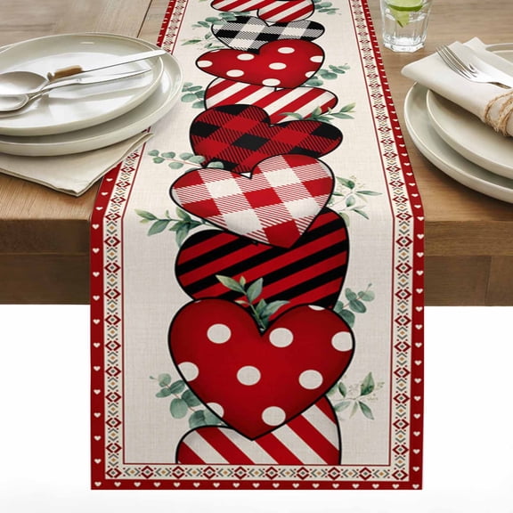 Valentine's Day Table Runner 13x72 inch Red Love Heart with Eucalyptus Leaves Bohemian Cotton Linen Dining Table Runner Ideal for Dresser Kitchen Coffee Tables - Machine Washable
