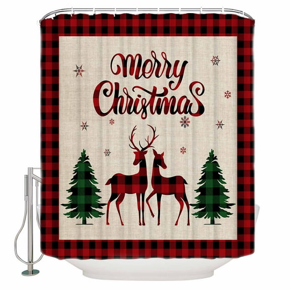 Christmas Red Bathroom Shower Curtains with Hooks, and Black Buffalo Plaid Waterproof Fabric Washable Shower Curtain for Home Hotel Bathtub Decor 60x72 Inches